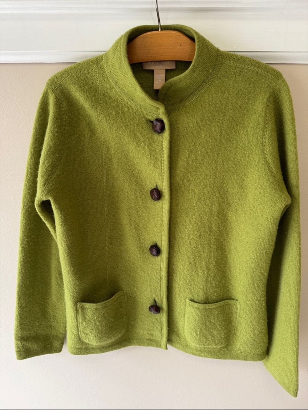 Kate Hill Green Wool Button-Up Jacket/Cardigan with front 2 pockets